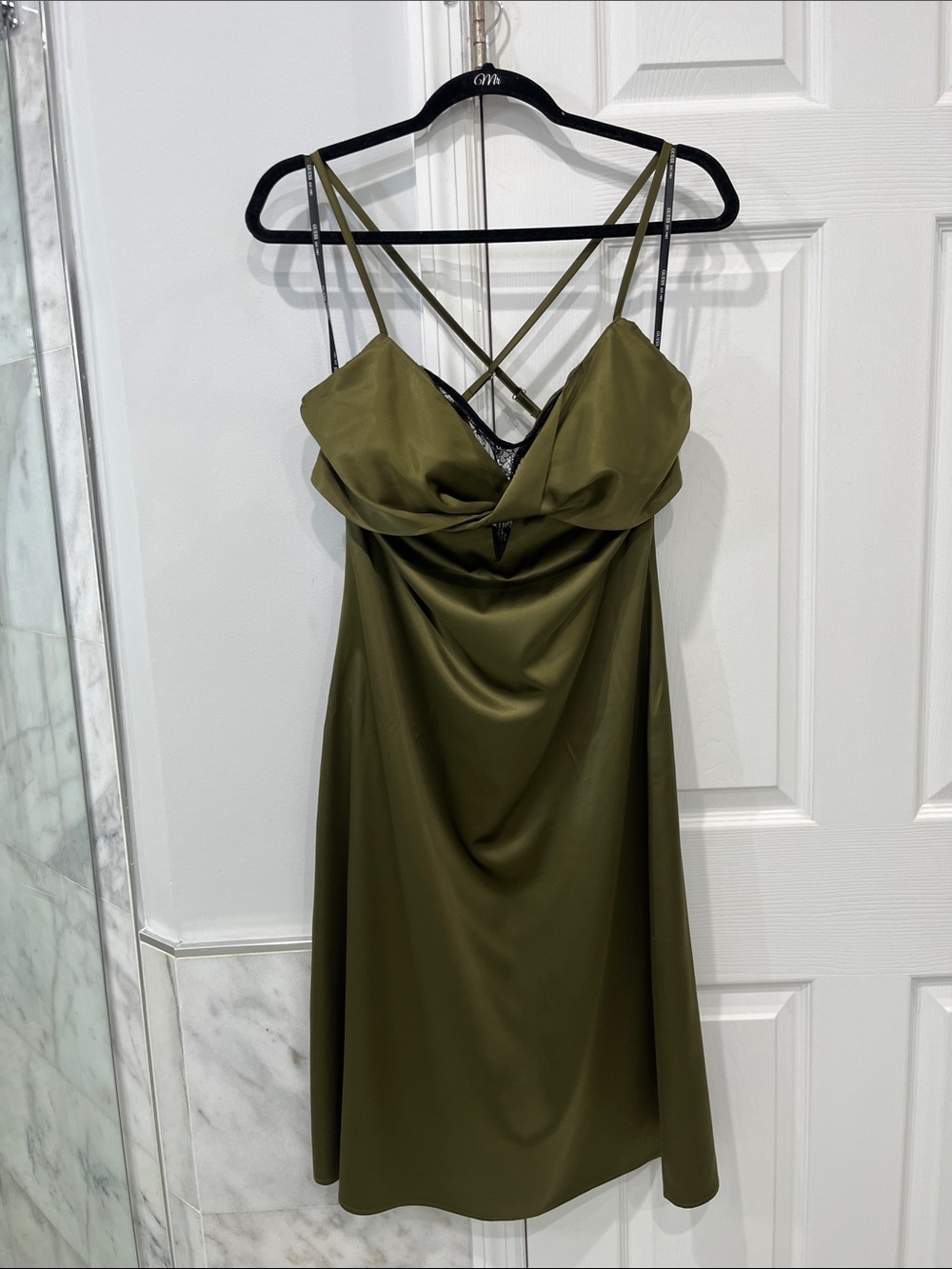 Guess Olive Green Satin Cowl Neck Mini Dress with Crisscross Straps